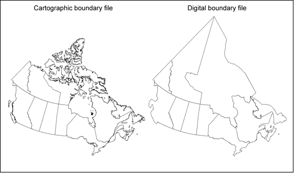 Figure: Example of a cartographic boundary file and a digital boundary file (provinces and territories).