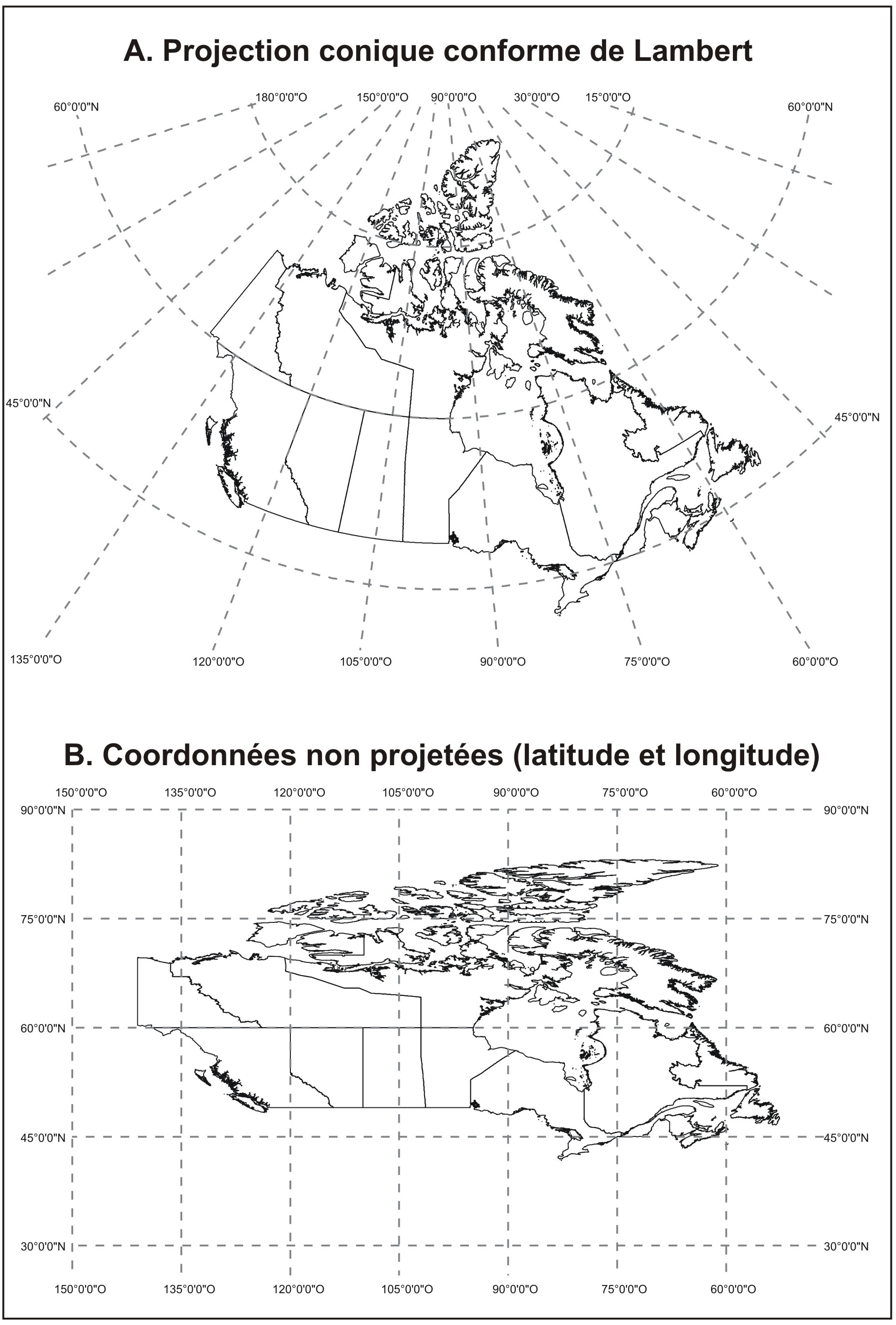 Figure 14 Exemple de projection cartographique et de coordonnées n'ayant pas fait l'objet d'une projection