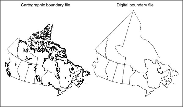 Figure 1.4 Example of a cartographic boundary file and a digital boundary file (provinces and territories)