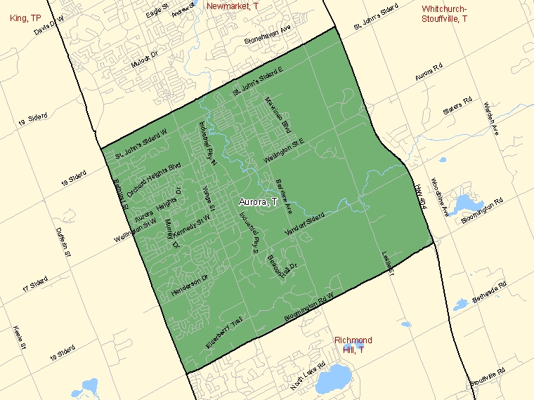 Carte : Aurora, Town, Subdivision de recensement (ombrée en vert), Ontario